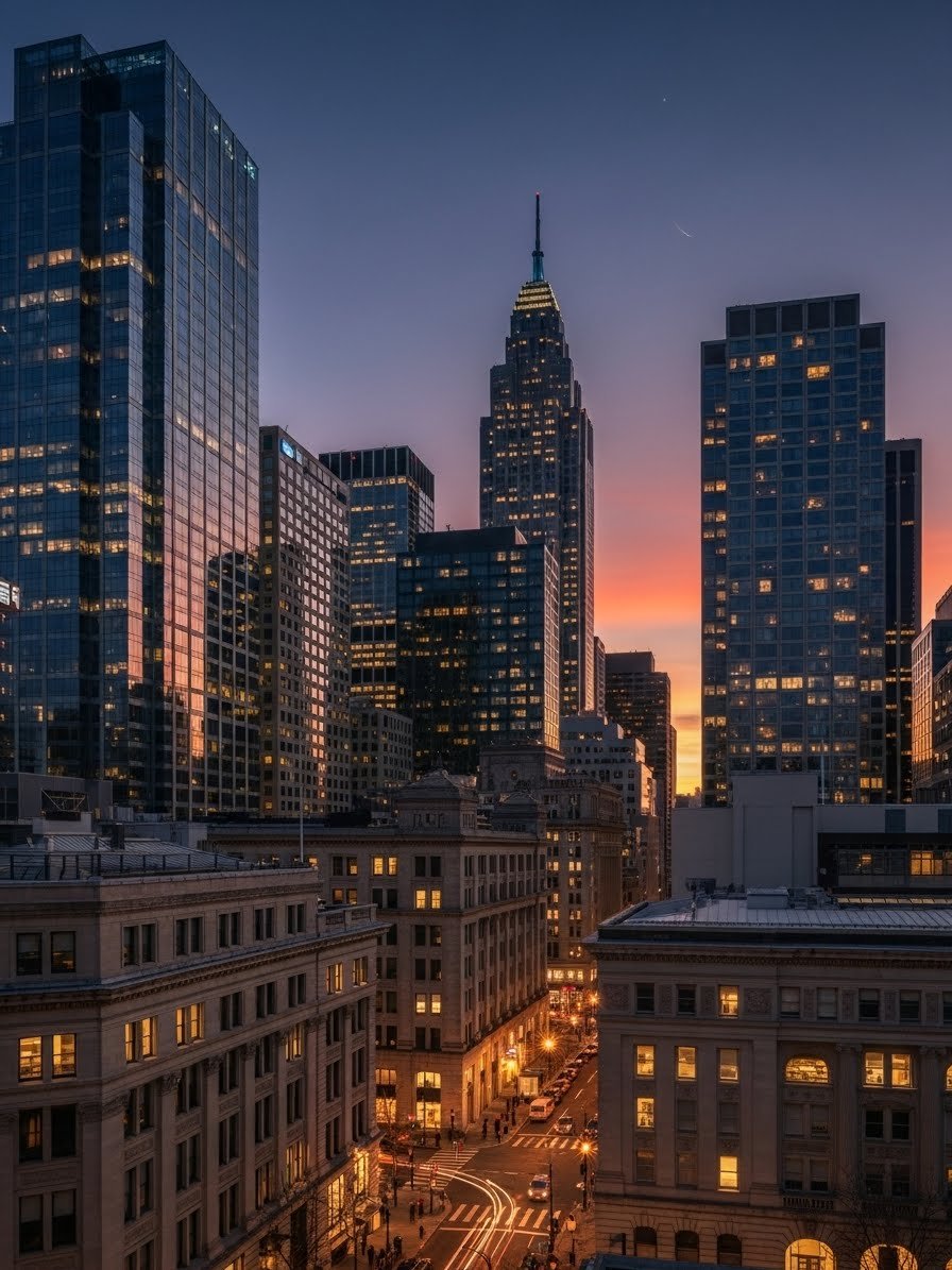 Edificios de la gran ciudad al atardecer